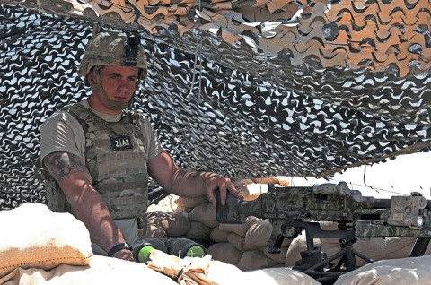 Spc. Ryan Grace, a Pathfinder with Company F, Task Force Wings (4th Battalion, 101st Aviation Regiment), pulls security at Battle Position Osman July 27th. IED emplacements and enemy attacks have significantly dropped in the area since the Pathfinders established the battle position nearly two months ago to increase security at Forward Operating Base Wolverine. (Photo by Sgt. Shanika Futrell) Spc. Ryan Grace, a Pathfinder with Company F, Task Force Wings (4th Battalion, 101st Aviation Regiment), pulls security at Battle Position Osman July 27th. IED emplacements and enemy attacks have significantly dropped in the area since the Pathfinders established the battle position nearly two months ago to increase security at Forward Operating Base Wolverine. (Photo by Sgt. Shanika Futrell)