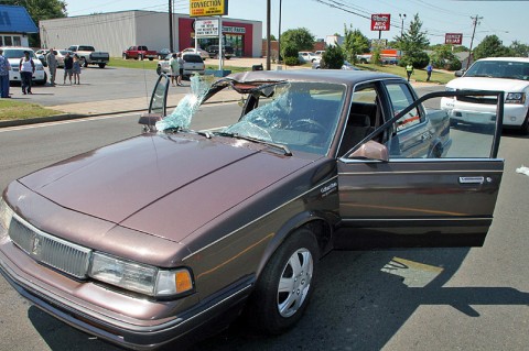Oldsmobile which collided with the pedestrian. (Photo by Jim Knoll - CPD) Oldsmobile which collided with the pedestrian. (Photo by Jim Knoll - CPD)
