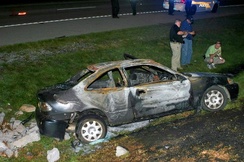 A 1999 Honda caught fire after one pot meth lab bottle explodes inside the vehicle on Martin Luther King Parkway Thursday, August 11th. (Photo by Sgt Vince Lewis) A 1999 Honda caught fire after one pot meth lab bottle explodes inside the vehicle on Martin Luther King Parkway Thursday, August 11th. (Photo by Sgt Vince Lewis)