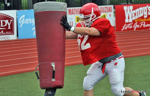 Isaac VanMeter attacks the blocking sled. APSU Football. (Courtesy: Austin Peay Sports Information)