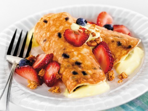 Blueberry Pancake Roll-Ups With Yogurt, Granola and Berries