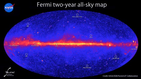 This all-sky image, constructed from two years of observations by NASA's Fermi Gamma-ray Space Telescope, shows how the sky appears at energies greater than 1 billion electron volts (1 GeV). Brighter colors indicate brighter gamma-ray sources. (Credit: NASA/DOE/Fermi LAT Collaboration)