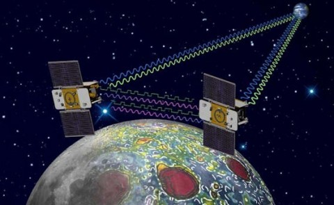 Using a precision formation-flying technique, the twin GRAIL spacecraft will map the moon's gravity field, as depicted in this artist's rendering. (Image credit: NASA/JPL-Caltech)