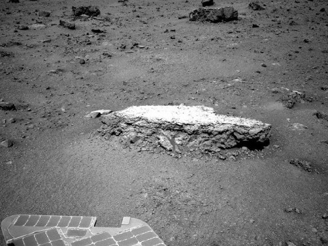 NASA's Mars Exploration Rover Opportunity used its navigation camera to take this picture showing a light-toned rock, "Tisdale 2," during the 2,690th Martian day, or sol, of the rover's work on Mars (August 18th, 2011). (Photo by NASA/JPL-Caltech)