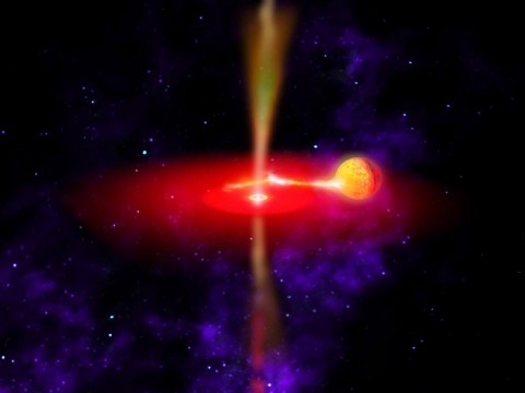 This artist's concept illustrates what the flaring black hole called GX 339-4 might look like. Infrared observations from NASA's Wide-field Infrared Survey Explorer (WISE) reveal the best information yet on the chaotic and extreme environments of this black hole's jets. (Image credit: NASA)