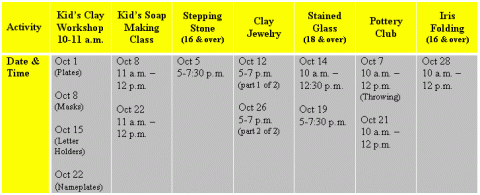 October Classes at Guenette Arts and Crafts Center