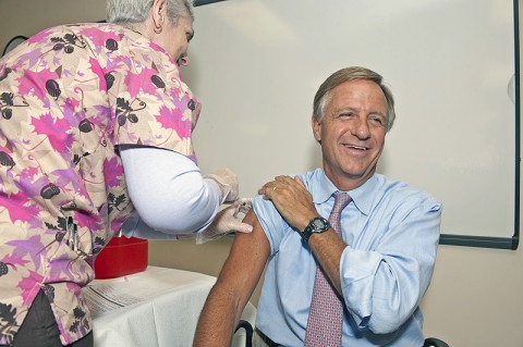 Tennessee Governor Bill Haslam receives his seasonal flu vaccination at the Montgomery County Health Department in Clarksville October 18th, 2011. Assistant Nurse Supervisor Donna Davis administers the vaccination. Tennessee Governor Bill Haslam receives his seasonal flu vaccination at the Montgomery County Health Department in Clarksville October 18th, 2011. Assistant Nurse Supervisor Donna Davis administers the vaccination.