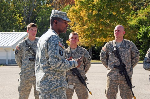 Sgt. Maj. Alonzo Smith, command sergeant major of the 2nd Brigade Combat Team, 101st Airborne Division (Air Assault), speaks to Soldiers of the Strike Brigade during the Expert Field Medical Badge at Fort Campbell, KY, October 5th. Smith encouraged the Soldiers to continue working towards earning their badges and the importance of their medical knowledge to their work. (U.S. Army Photo By Spc. Shawn Denham, PAO, 2nd BCT, 101st Abn. Div.)