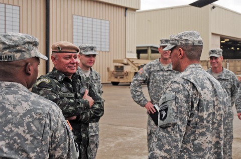 Brazilian Army Maj. Gen. Carlos Cesar Araujo Lima, commander of the 12th Air Assault Brigade in Cacapava-Sao Paulo, talks with Brazilian native Sgt. Felipe Pereira, a squad leader with Co. A, 1st Battalion, 502nd Infantry Regiment, 2nd Brigade Combat Team, 101st Airborne Division (Air Assault) during a tour of the division’s helicopters at Fort Campbell’s Hangar 10, Oct. 14th. (U.S. Army photo by Sgt. Joe Padula, 2nd BCT PAO, 101st Abn. Div.)