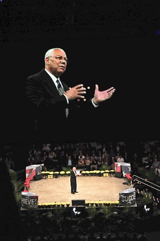 Gen. Colin Powell, the 65th US Secretary of State and Strike’s commander in 1976, speaks on a stage and a Jumbo-Tron screen to an audience of about 17,000 on the qualities of leadership at a Get Motivated Seminar held at Nashville’s Bridgestone Arena, Oct. 17th. (U.S. Army photo by Sgt. Joe Padula, 2nd BCT PAO, 101st Abn. Div.)