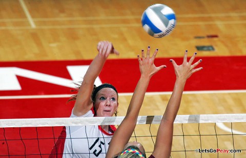 Freshman Hillary Plybon led the Lady Govs with 14 kills in a four set loss to league-leading Morehead State, Tuesday. APSU Volleyball. (Courtesy: Keith Dorris/Dorris Photography)