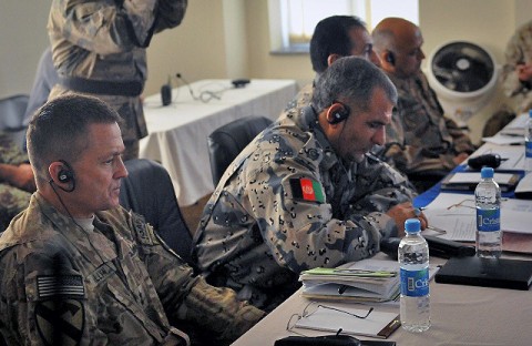 U.S. Army Maj. Gen. Daniel Allyn, Regional Command – East and Combined Joint Task Force-1 commanding general, and Afghan Border Police Executive Chief Maj. Gen Khalil Bakhtiyer, look over notes during a conference with Pakistan, Afghanistan and International Security Assistant Force military leaders Oct. 13th. (U.S. Army photo by Pfc. Zackary Root, 7th Mobile Public Affairs Detachment)