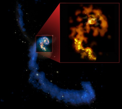 Multiwavelength composite of interacting galaxies NGC 4038/4039, the Antennae, showing their namesake tidal tails in radio (blues), past and recent starbirths in optical (whites and pinks), and a selection of current star-forming regions in mm/submm (orange and yellows). Inset: ALMA's first mm/submm test views, in Bands 3 (orange), 6 (amber), & 7 (yellow), showing detail surpassing all other views in these wavelengths.(NRAO/AUI/NSF; ALMA (ESO/NAOJ/NRAO); HST (NASA, ESA, and B. Whitmore (STScI)); J. Hibbard, (NRAO/AUI/NSF); NOAO.)