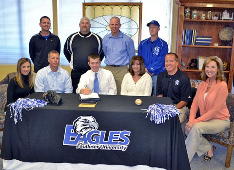 Front Row: Brittney & Robb Rowlett, Blake Rowlett, Dina Fowler, Matt Wallace Athletic Director & Kay Drew Head of Schools. Back Row: Jake Peterson Assistant Baseball Coach, Wade Smith Head Baseball Coach, Patrick McCarthy Faulkner University Baseball Coach, & Todd Schmittou Assistant Baseball Coach.  (Photo by Sheila Ragsdale)