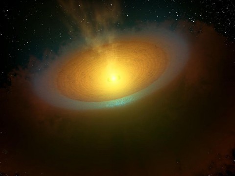 This artist's concept illustrates an icy planet-forming disk around a young star called TW Hydrae, located about 175 light-years away in the Hydra, or Sea Serpent, constellation. (Image credit: NASA/JPL-Caltech) This artist's concept illustrates an icy planet-forming disk around a young star called TW Hydrae, located about 175 light-years away in the Hydra, or Sea Serpent, constellation. (Image credit: NASA/JPL-Caltech)