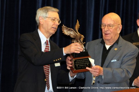 Memories of Service & Sacrifice Committee Chairman Ron Smithfield presenting Col. Ted Crozier (U.S. Army Ret.) with an Award for Lifelong Service