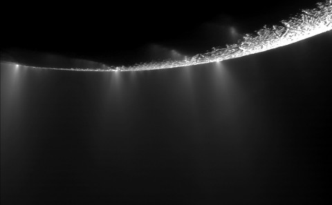 Dramatic plumes, both large and small, spray water ice out from many locations along the famed "tiger stripes" near the south pole of Saturn's moon Enceladus. (Credit: NASA/JPL/SSI)