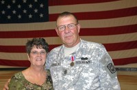 Command Sgt. Maj. Dennis Creecy and wife, Janice, following retirement ceremonies at National Guard Headquarters in Nashville after his almost 42 years in the military. He wears the Tennessee National Guard Distinguished Service Medal he was awarded at the ceremony.