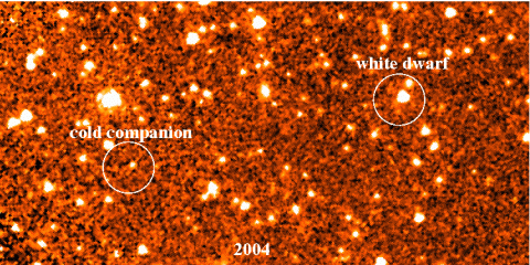 These two infrared images were taken by NASA's Spitzer Space Telescope in 2004 and 2009. They show a faint object moving through space together with a dead star called a white dwarf. The object, thought to be a "failed" star, or brown dwarf, is the coldest stellar companion to be directly imaged outside our solar system. (Credit: NASA/JPL-Caltech/Penn State) These two infrared images were taken by NASA's Spitzer Space Telescope in 2004 and 2009. They show a faint object moving through space together with a dead star called a white dwarf. The object, thought to be a "failed" star, or brown dwarf, is the coldest stellar companion to be directly imaged outside our solar system. (Credit: NASA/JPL-Caltech/Penn State)