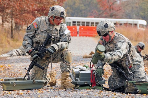 Pfc. Michael Jones and Pfc. Alexander Kornelakis, combat engineers with Company A, 2nd Brigade Special Troops Battalion, 2nd Brigade Combat Team, 101st Airborne Division (Air Assault), set up an anti-personnel obstacle breaching system during ‘Sapper Stakes’ at Fort Campbell, KY, Oct. 26th. Called ‘APOBS’, the system launches a line of explosive devices to trigger nearby hidden bombs to detonate. (U.S. Army Photo By Spc. Shawn Denham, PAO, 2nd BCT, 101st Abn. Div.)