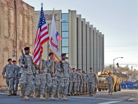 Strike Soldiers of the 2nd Brigade Special Troops Battalion, 2nd Brigade Combat Team, 101st Airborne Division (Air Assault), march in a parade honoring veterans past and present in downtown Hopkinsville, KY, Nov. 5th. The 68 Soldiers volunteered their Saturday morning to say thanks to the community and the area’s veterans. (U.S. Army photo by Sgt. Joe Padula, 2nd BCT PAO, 101st Abn. Div.)