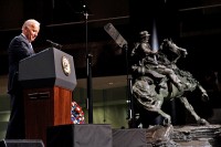 Vice President Joseph Biden addresses the audience during the dedication and unveiling ceremony for the De Oppresso Liber statue at the Winter Garden Hall in Two World Financial Center near Ground Zero, Nov. 11th, 2011. (Photo courtesy of Staff Sgt. Andrew Jacob)