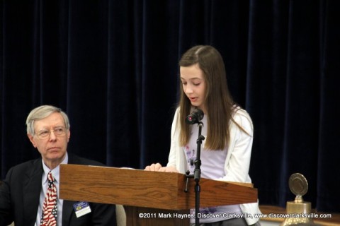 Skyler Johnson reads a small part of her essay at the Kiwanis Club's “Interview A Veteran” Essay Contest Winners program Tuesday, November 8th 2011.