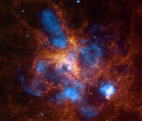 The star-forming region, 30 Doradus, is one of the largest located close to the Milky Way and is found in the neighboring galaxy Large Magellanic Cloud.(X-ray: NASA/CXC/PSU/L. Townsley et al.; Infrared: NASA/JPL/PSU/L. Townsley et al.)