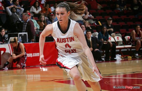 Freshman Kristen Stainback brings the ball upcourt againest Cumberland Monday November 7th. APSU Basketball. (Courtesy: Keith Dorris/Dorris Photography)