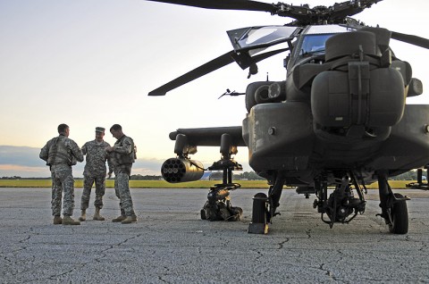 Lt. Col. William A. Ryan, 1st Battalion, 101st Combat Aviation Brigade commander shakes the hand of Chief Warrant Officer 2 Adam Marik, Headquarters and Headquarters Company, 1st Bn., 101st CAB Apache pilot before Marik's night operation during Jaded Thunder training exercise at MacDill Air Force Base, FL, Oct. 24th, 2011. The purpose of Jaded Thunder was to train on aviation tactics, techniques and procedures in a joint forces environment to prepare for the upcoming deployment. (Photo by Sgt. Tracy Weeden)