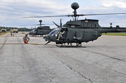 Soldiers of the 101st Combat Aviation Brigade work diligently to fuel the OH-58D Kiowa Warrior helicopter during daylight training operations at Avon Park, FL, Oct. 23rd, 2011 during Jaded Thunder, where they set up and ran their own forward arming and refueling point. (Photo by Sgt. Tracy Weeden)