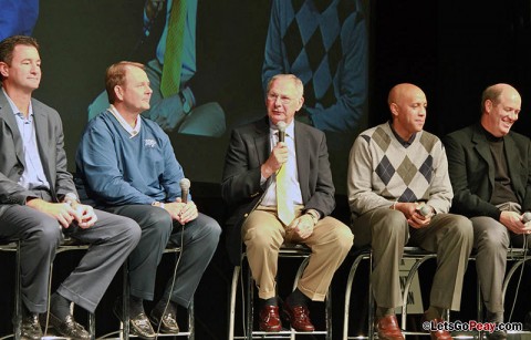 Head coach Dave Loos, center, talks at Tuesday morning's Coaches vs. Cancer Tipoff Breakfast. (Courtesy: Austin Peay Sports Information)