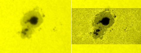 Sunspot image from December 6th, 2006. The left image was taken by the Solar Heliospheric Observatory (SOHO), which was one of the first tools to monitor the sun from space, launched in 1995. The right image from Hinode's Solar Optical Telescope shows its high resolution. (Credit: ESA/NASA/SOHO (left) and JAXA/NASA/Hinode (right))