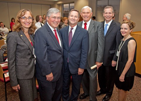 Associate professor of history Dr. Minoa Uffelman, APSU President Tim Hall, state Sen. Tim Barnes, former Tennessee secretary of state Riley Darnell, state Rep. Joe Pitts and PAT president Deanna Carter gather at the chapter’s 50th anniversary celebration. (Photo by Beth Liggett/APSU Public Relations and Marketing).