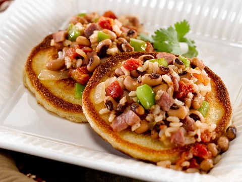 Holiday Hoppin John on Buttermilk Corncakes