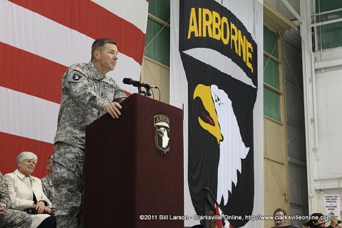Maj. Gen. James McConville, Commanding General of the 101st Airborne Division addressing his men Maj. Gen. James McConville, Commanding General of the 101st Airborne Division addressing his men