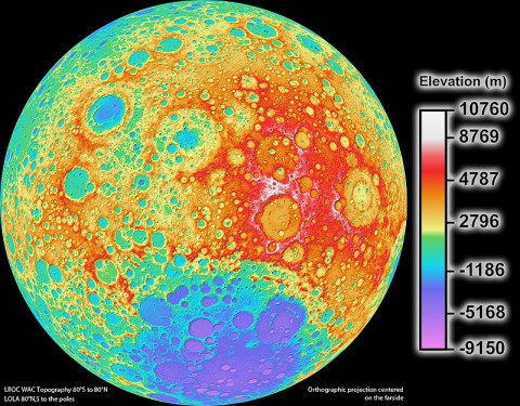 LROC WAC color shaded relief of the lunar farside. (Credit: NASA's Goddard Space Flight Center/DLR/ASU)