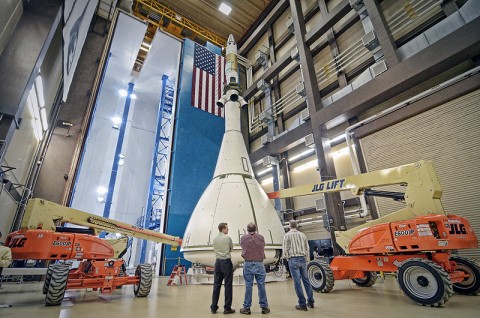 The Orion MPCV ground test vehicle is prepared for the Launch Abort Vehicle Configuration Test at Lockheed Martin’s facilities in Denver, CO. (Credit: NASA)