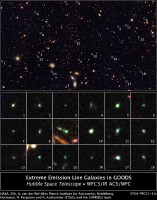 This image reveals 18 tiny galaxies uncovered by NASA’s Hubble Space Telescope. The puny galaxies, shown in the postage stamp-sized images, existed 9 billion years ago and are brimming with star birth. Hubble’s Wide Field Camera 3 and Advanced Camera for Surveys spied the galaxies in a field called the Great Observatories Origins Deep Survey (GOODS). (Credit: NASA, ESA, A. van der Wel (Max Planck Institute for Astronomy, Heidelberg, Germany), H. Ferguson and A. Koekemoer (STScI.), and the CANDELS team)