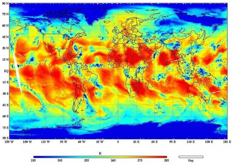 This global image shows the ATMS channel 18-microwave antenna temperature at 183.3 GHz on November 8th, 2011. This channel measures atmospheric water vapor; note that Tropical Storm Sean is visible in the data, as the blue patch, in the Atlantic off the coast of the Southeastern United States. The ATMS data were processed at the NOAA Satellite Operations Facility (NSOF) in Suitland, MD. (Credit: NASA/NOAA)