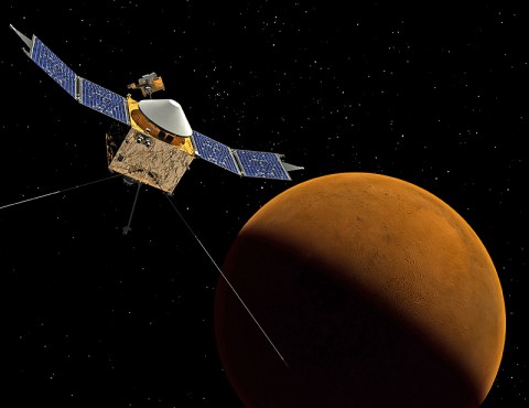 This artist's concept shows the MAVEN spacecraft orbiting Mars. (Credit: NASA/Goddard Space Flight Center)