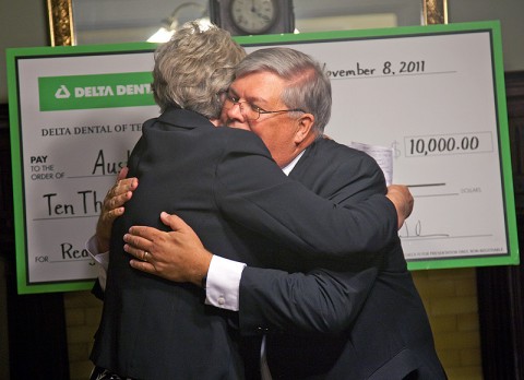 Dr. Carmen Reagan, retired professor of marketing at APSU, hugs Tom Perry, CFO of Delta Dental of Tennessee, after Delta Dental made a $10,000 gift to the new Reagan Giving Circle on November 8th at the Pace Alumni Center. (Photo by Beth Liggett, APSU photographer) Dr. Carmen Reagan, retired professor of marketing at APSU, hugs Tom Perry, CFO of Delta Dental of Tennessee, after Delta Dental made a $10,000 gift to the new Reagan Giving Circle on November 8th at the Pace Alumni Center. (Photo by Beth Liggett, APSU photographer)
