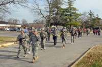 The spouses of 1st Squadron, 32nd Cavalry, 1st Brigade Combat Team, conduct a two-mile road march Nov. 19th around post. The road march is one of the events for the Spouses’ Spur Ride held by the squadron. (Photo by Sgt. Jon Heinrich)