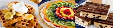 Bananas Foster Waffles, Fruit Pizza and Peanut Butter Bar recipes. Bananas Foster Waffles, Fruit Pizza and Peanut Butter Bar recipes.