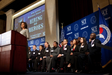 First Lady Michelle Obama delivers remarks to business leaders, veterans and military spouses as part of her Joining Forces initiative, at the U.S. Chamber of Commerce’s 4th Annual “Business Steps Up: Hiring Our Heroes” event in Washington, D.C., Nov. 10, 2011. (Official White House Photo by Lawrence Jackson)