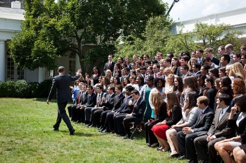 President Barack Obama waves goodbye after talking with summer interns from the White House Internship Program in the Rose Garden of the White House, Aug. 10, 2011. (Official White House Photo by Samantha Appleton)