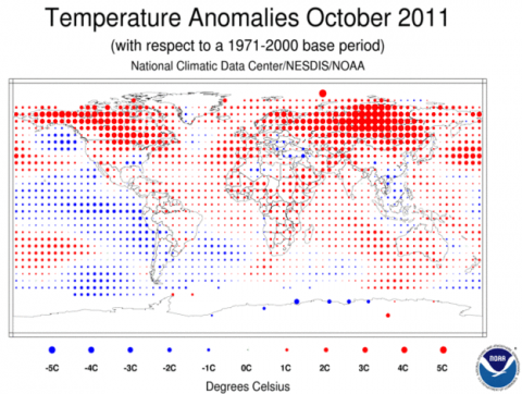 Global surface temperature Anomalies - October 2011. (NOAA)