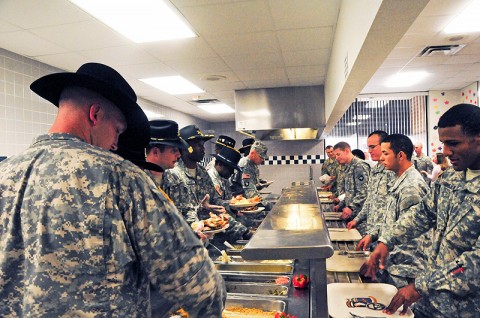 Command staff of 1st Squadron, 75th Cavalry Regiment, 2nd Brigade Combat Team, 101st Airborne Division (Air Assault), serve Thanksgiving Dinner to Soldiers of Strike Brigade at the brigade’s dining facility at Fort Campbell, KY, Nov. 22nd. Commanders throughout the brigade showed their thanks to their Soldiers and family members by serving the holiday meal. (U.S. Army Photo By Spc. Shawn Denham, PAO, 2nd BCT, 101st Abn. Div.) Command staff of 1st Squadron, 75th Cavalry Regiment, 2nd Brigade Combat Team, 101st Airborne Division (Air Assault), serve Thanksgiving Dinner to Soldiers of Strike Brigade at the brigade’s dining facility at Fort Campbell, KY, Nov. 22nd. Commanders throughout the brigade showed their thanks to their Soldiers and family members by serving the holiday meal. (U.S. Army Photo By Spc. Shawn Denham, PAO, 2nd BCT, 101st Abn. Div.)
