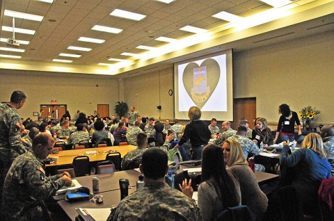 Command teams of the 2nd Brigade Combat Team, 101st Airborne Division (Air Assault) and leaders of the Strike Family Readiness Group discuss topics on creating stronger FRG/unit bonds during a leadership conference at the Family Resource Center, Nov. 30th. About 100 leaders of Strike performed exercises, learned techniques and were provided guidance in creating unit cohesion during the two-day conference. (U.S. Army photo by Sgt. Joe Padula, 2nd BCT PAO, 101st Abn. Div.)