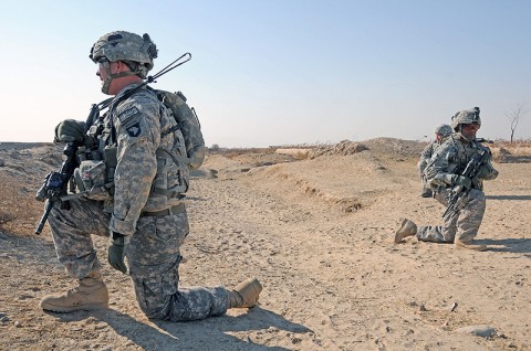 Soldiers with Headquarters and Headquarters Company, 1st Battalion, 502nd Infantry Regiment, 2nd Brigade Combat Team, 101st Airborne Division (Air Assault) pull security during a patrol to a key leadership engagement in Afghanistan, Dec. 30th, 2010. Strike Brigade trains its battalions to conduct these patrols during its Strike Blitz scenarios. (U.S. Army Photo By Spc. Shawn Denham, PAO, 2nd BCT, 101st Abn. Div.)